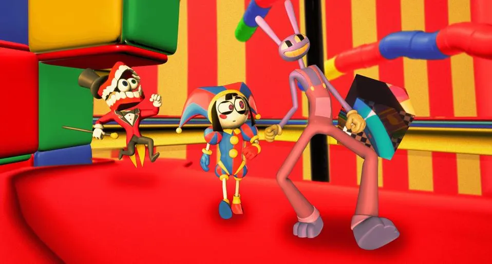 Promotional artwork for The Amazing Digital Circus featuring characters Caine, Pomni, and Jax