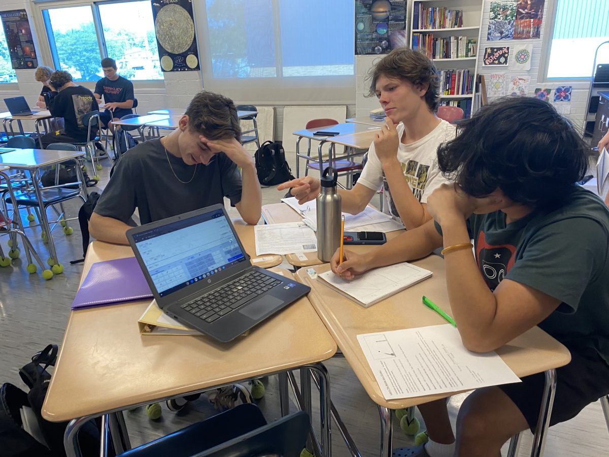 Seniors Elliot Hall, Willem Allen, Luke Anthony Demerre doing AP Physics classwork.