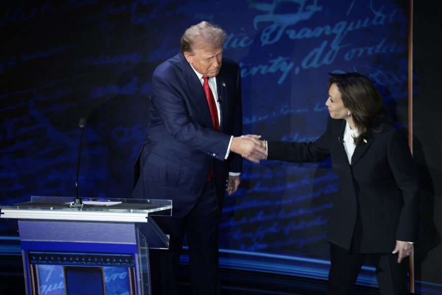 Vice President Kamala Harris and Former President Donald Trump shaking hands before their debate on September 10. (Win McNamee/Getty Images) (Getty Images)