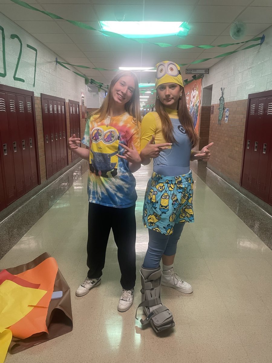 Seniors Nora Sleeman and Sophia Novell-Regester dressed up for Minion Monday during Homecoming spirit week.