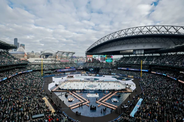 Seattle Kraken vs Vegas Golden Knights warm up for the 2024 WInter Classic