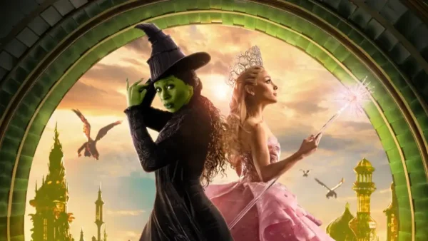 Elphaba (Cynthia Erivo) and Glinda (Ariana Grande) back-to-back in Wicked