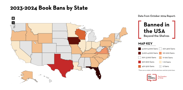 Graphic from PEN America, showing the number of banned books in each state.