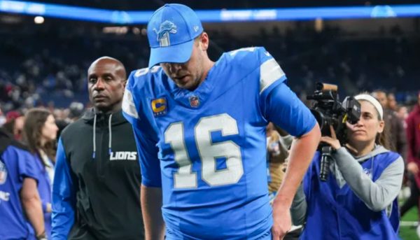 Jared Goff walks off at Ford Field, after suffering a 31-45 defeat to the Washington Commanders, ending the Lions season.