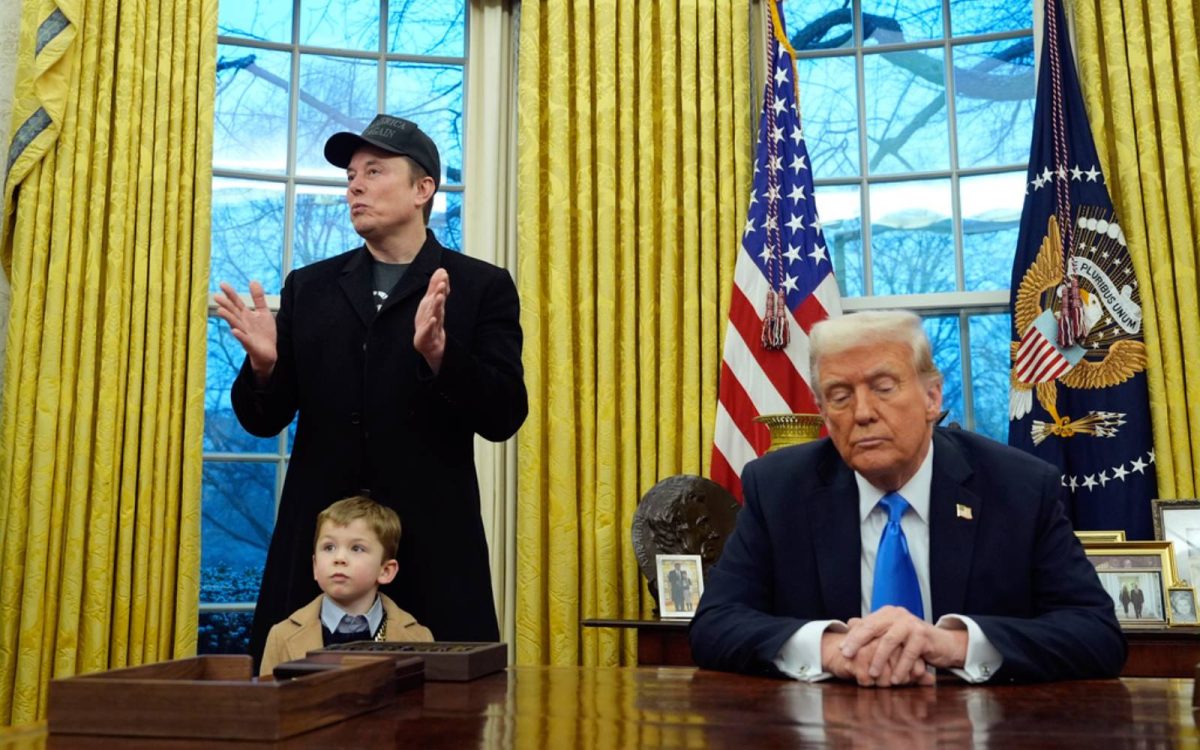 Elon Musk gives a speech regarding the importance of budget cuts in the Oval Office on Feb 12.