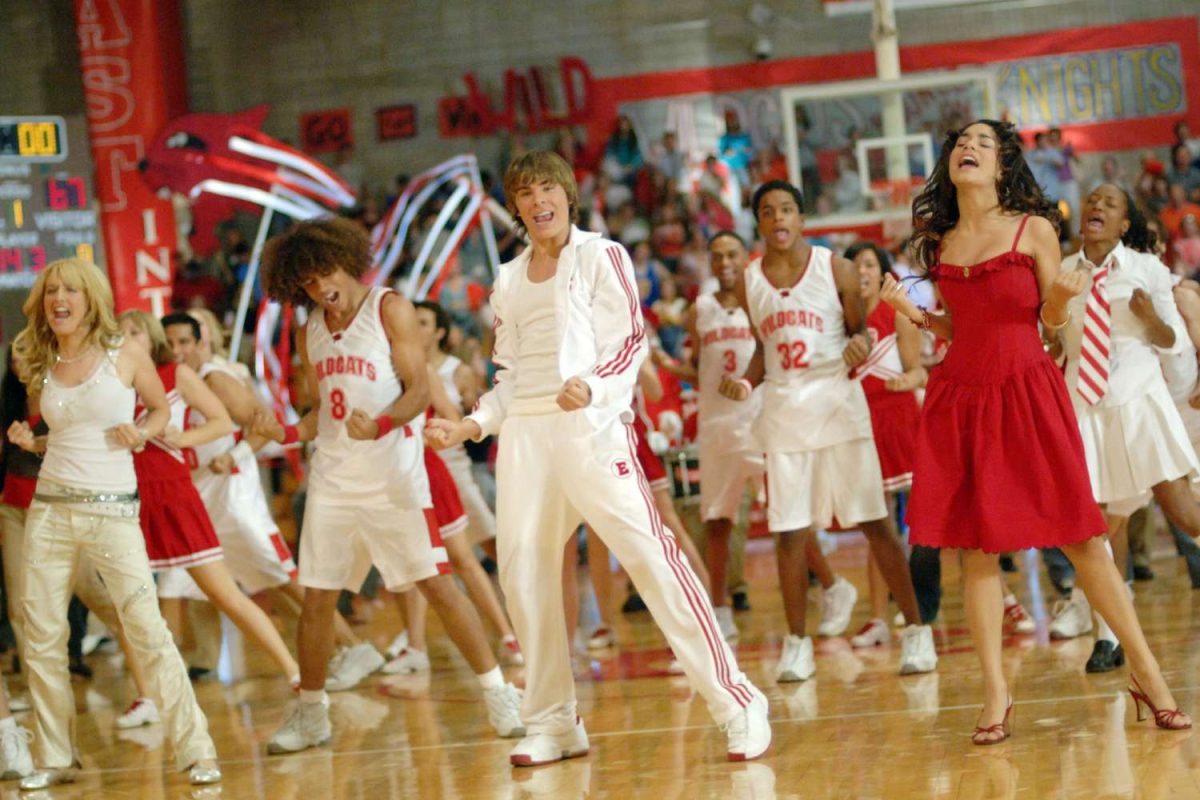 Students from the movie High School Musical dancing in the gym after a basketball game. Photo from people.com.