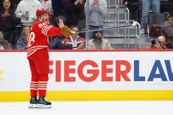 Oct 11, 2025; Detroit, Michigan, USA;  Detroit Red Wings right wing Patrick Kane (88) celebrates after scoring in the second period against the Toronto Maple Leafs at Little Caesars Arena. Mandatory Credit: Rick Osentoski-Imagn Images