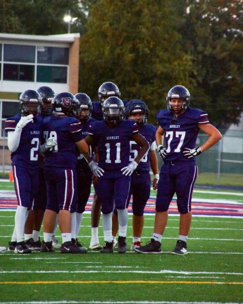 The Berkley offense in the huddle getting ready to run a play. Photo Courtesy of Matthew Schneider